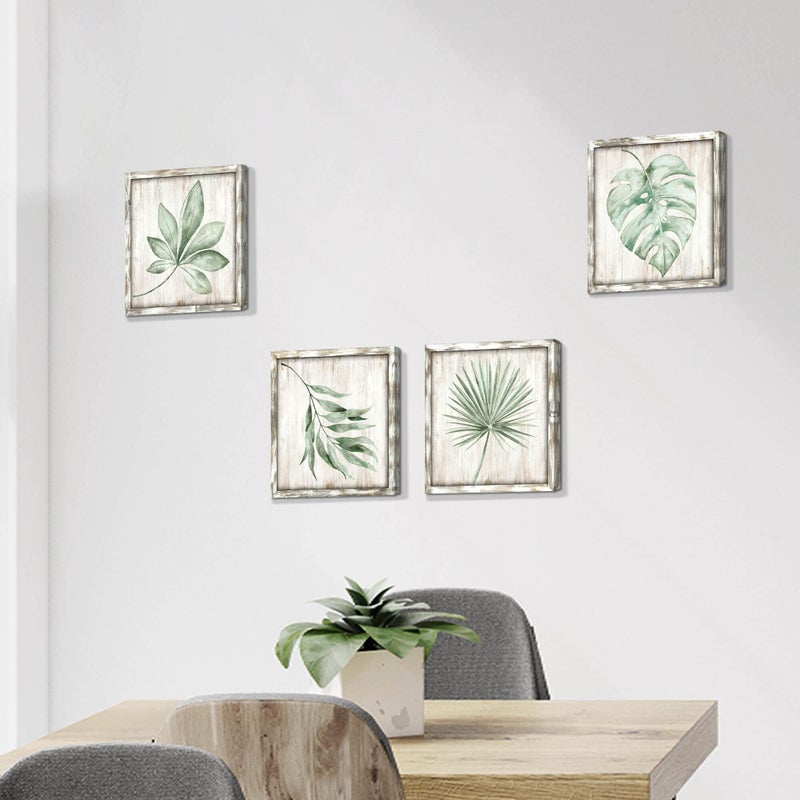Hardy Gallery Green Leaves Prints Wall Art: Rustic Wooden Background Palm Tree Leaf Simple Life Painting for Bathroom Wall Decor (12 X 12 X 4) - Image 4